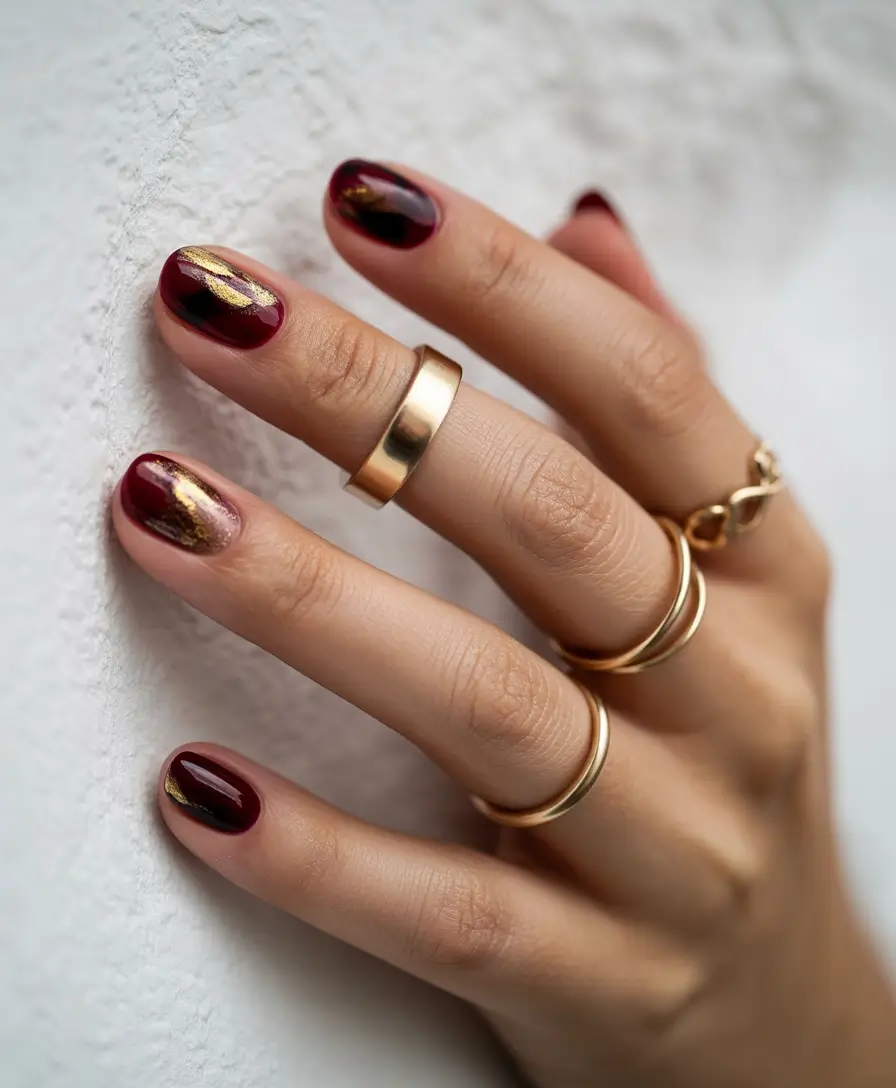 Fall 2025 Nail Color Ideas for Women Over 40 - Short Maroon Nails with Gold Foil