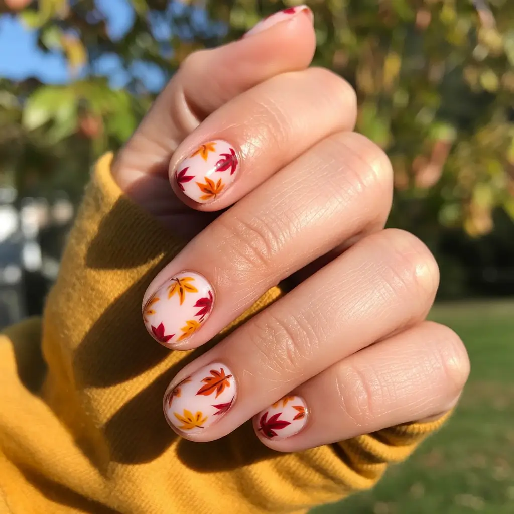 Fall 2025 Nail Color Ideas for Women Over 40 - Whimsical Autumn Leaf Prints