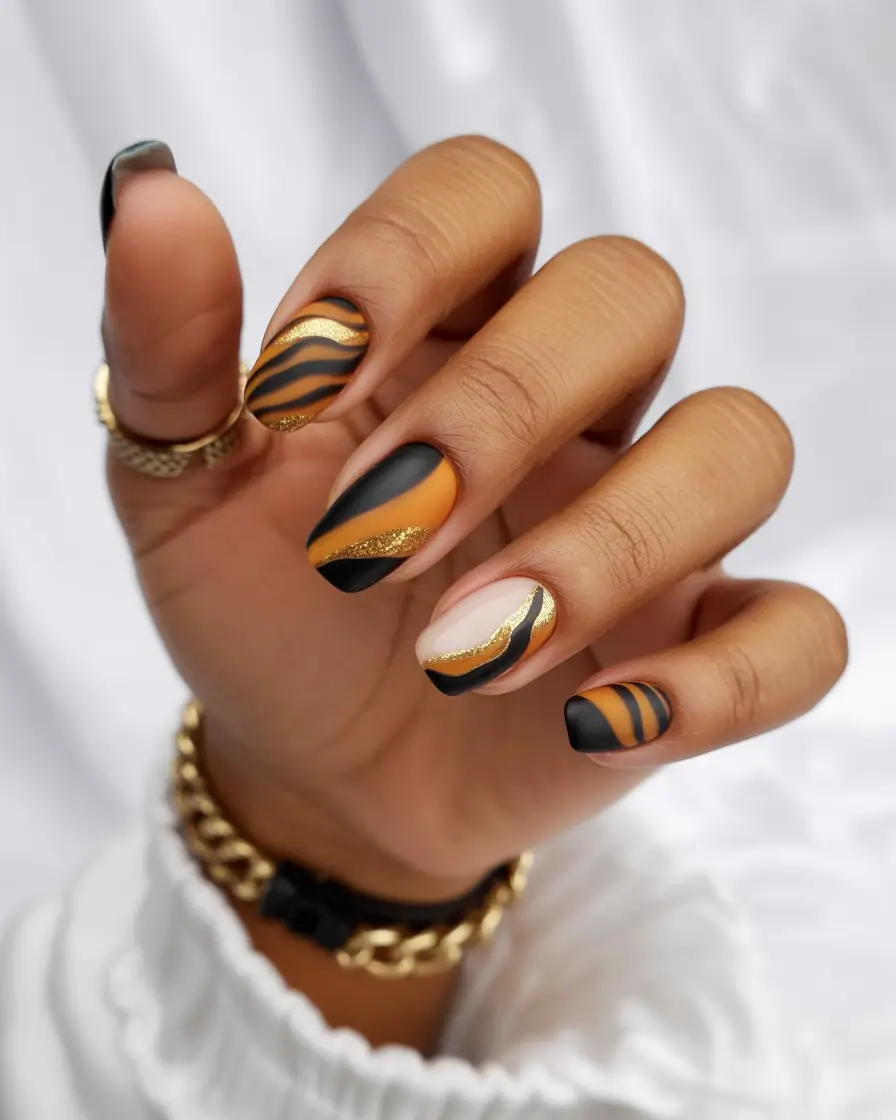 Fall 2025 Nail Color Ideas for Women Over 40 - Matte Black and Gold Stripes