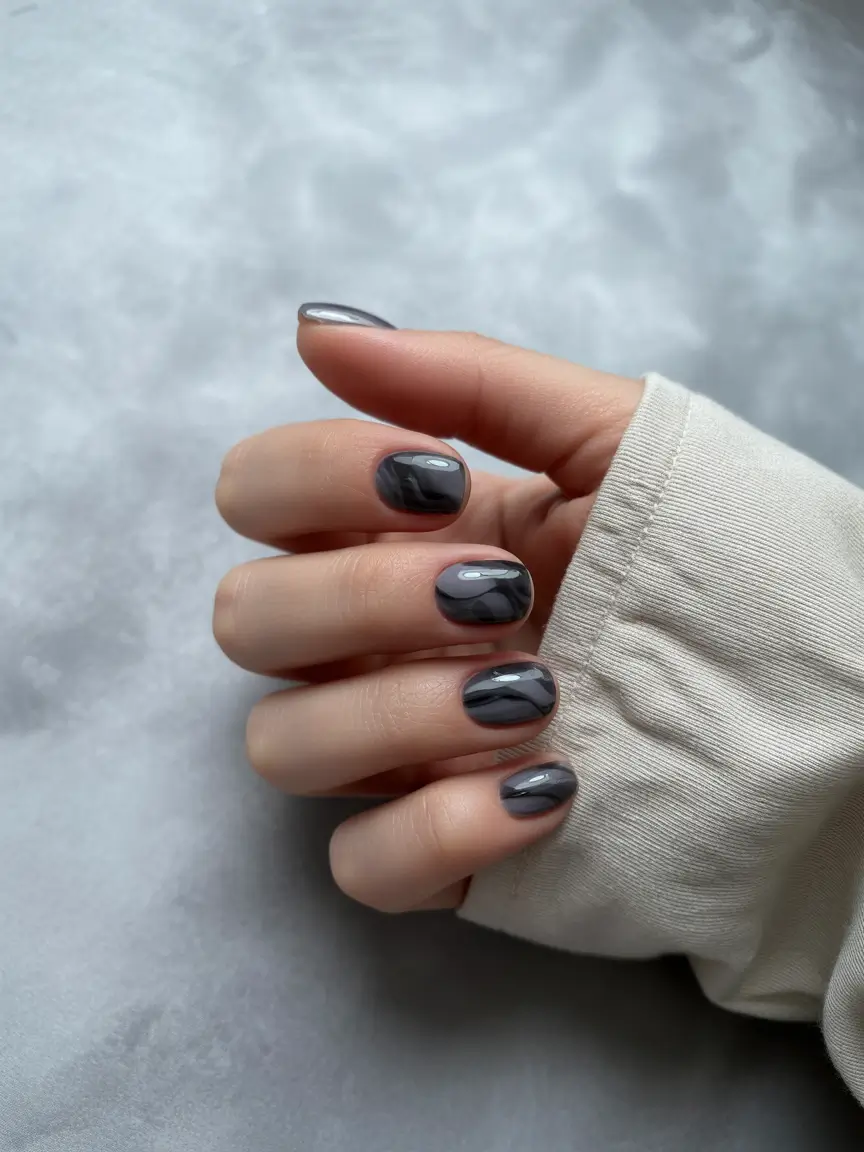 Fall 2025 Nail Color Ideas for Women Over 40 Smoky Gray Gloss
