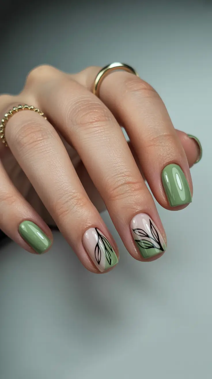 Fall 2025 Nail Color Ideas for Women Over 40 - Sage Green with Leafy Accents