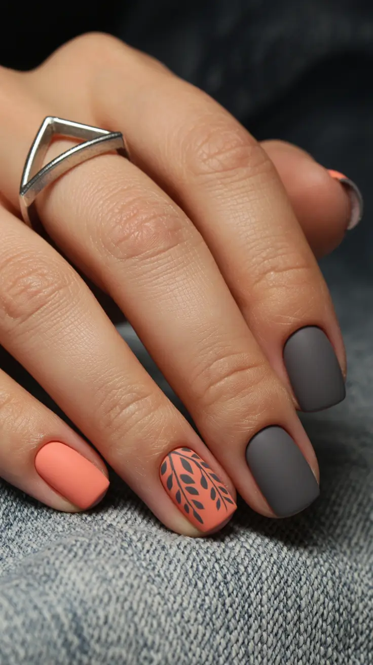 Fall 2025 Nail Color Ideas for Women Over 40 - Matte Gray and Coral Harmony
