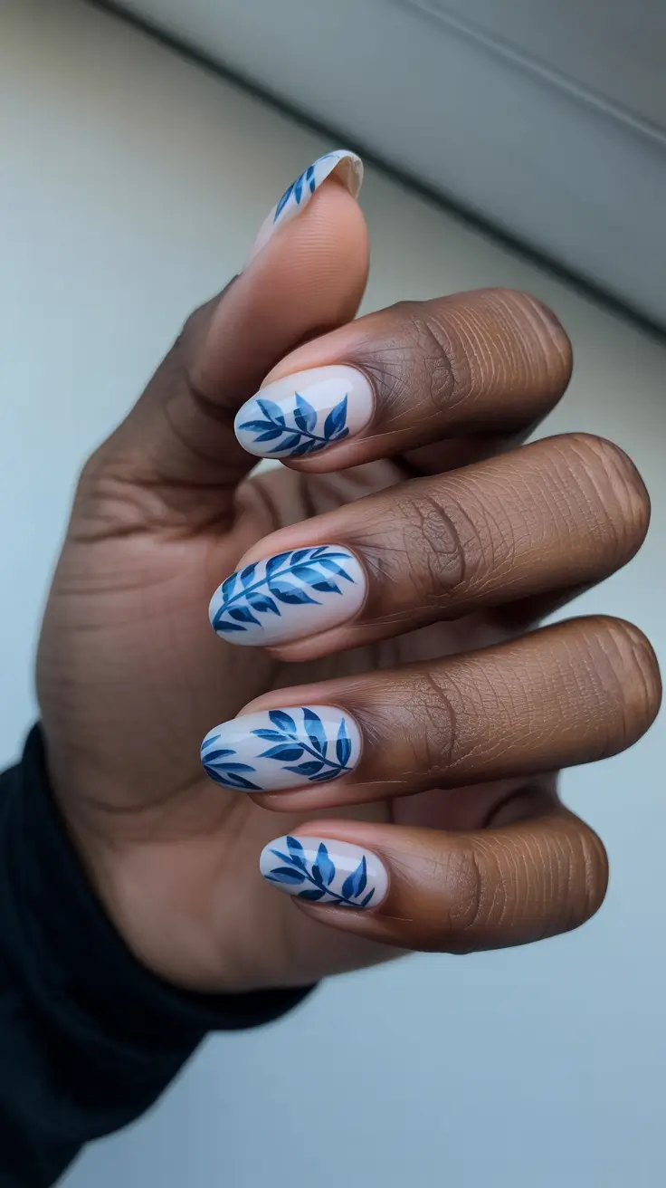 Fall 2025 Nail Color Ideas for Women Over 40 - Elegant Blue Leaf Motifs