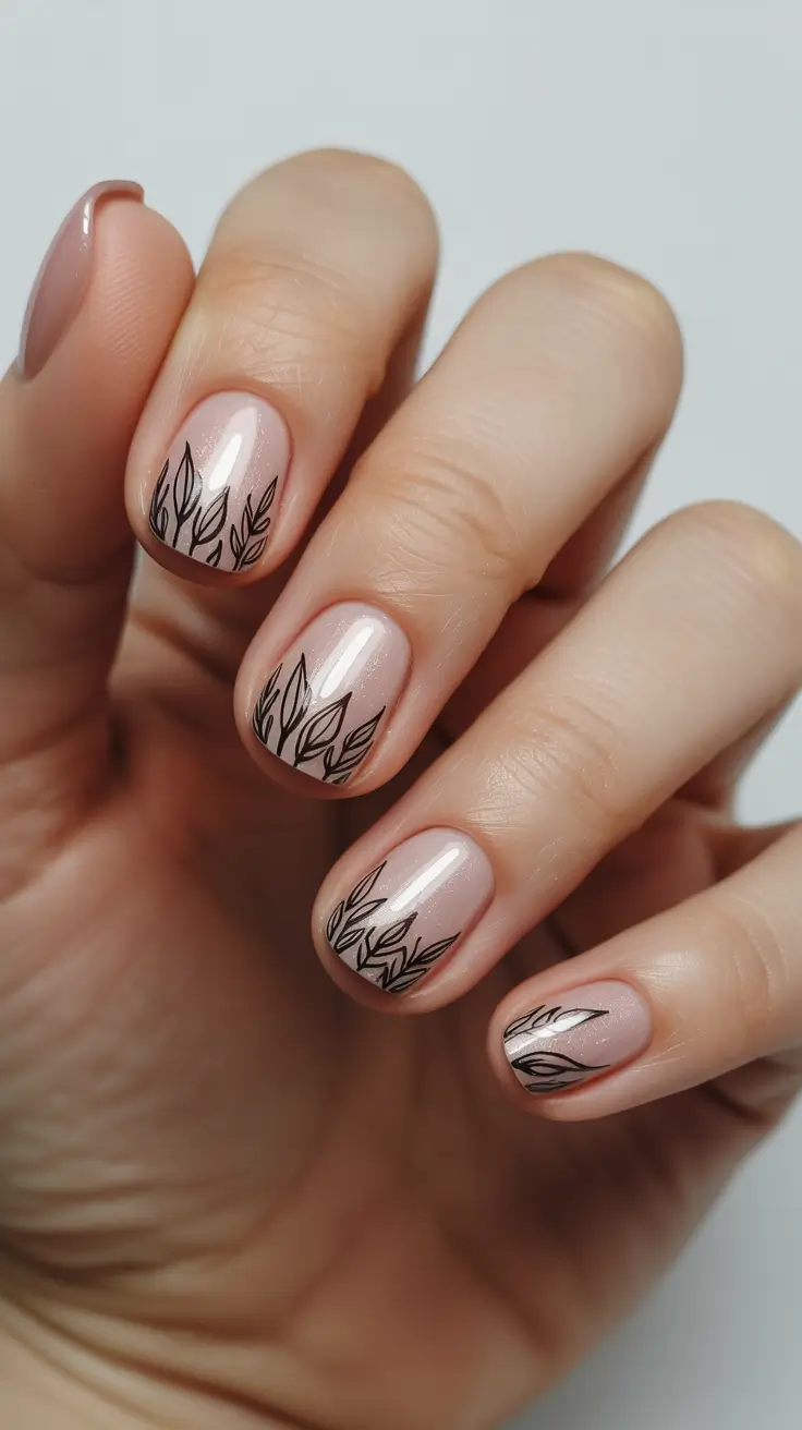 Fall 2025 Nail Color Ideas for Women Over 40 - Minimalist Black Leaf Outlines