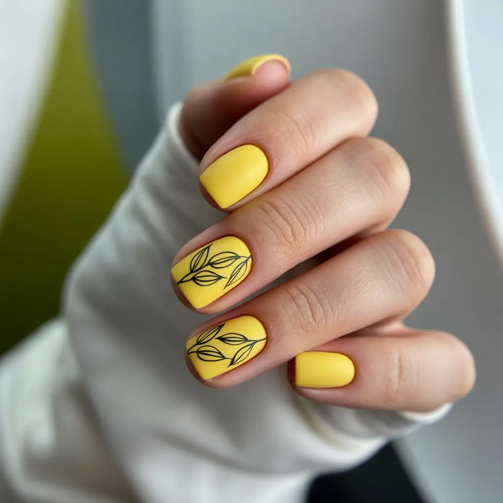 Fall 2025 Nail Color Ideas for Women Over 40 Matte Mustard with Delicate Line Art