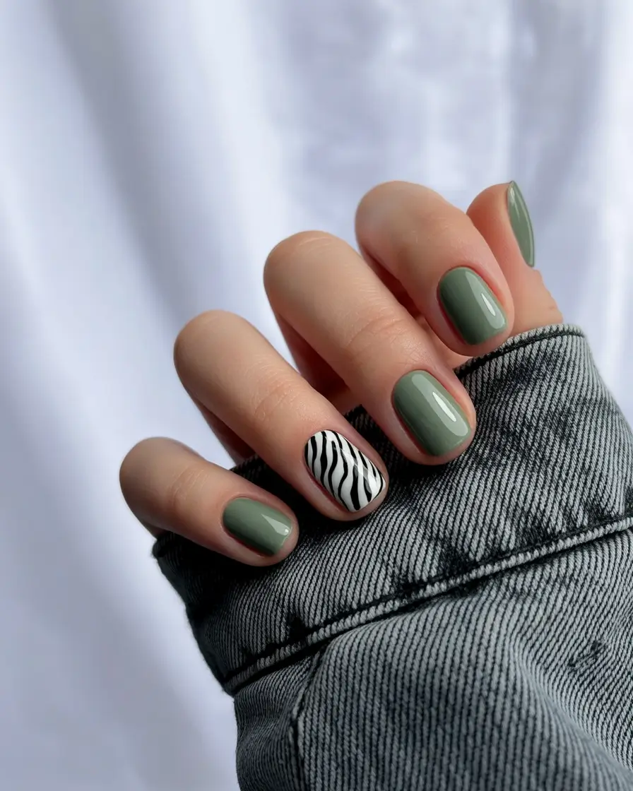 Fall 2025 Nail Color Ideas for Women Over 40 Olive Green with Zebra Accent