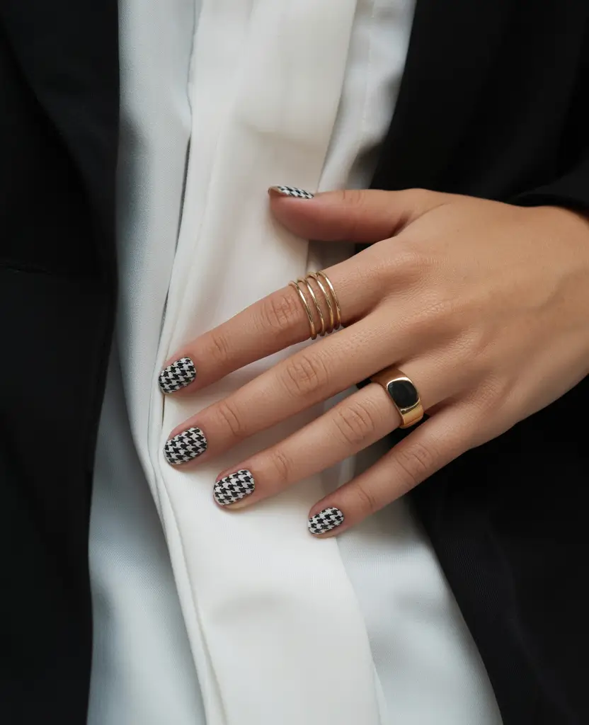 Fall 2025 Nail Color Ideas for Women Over 40 Classic Houndstooth in Monochrome