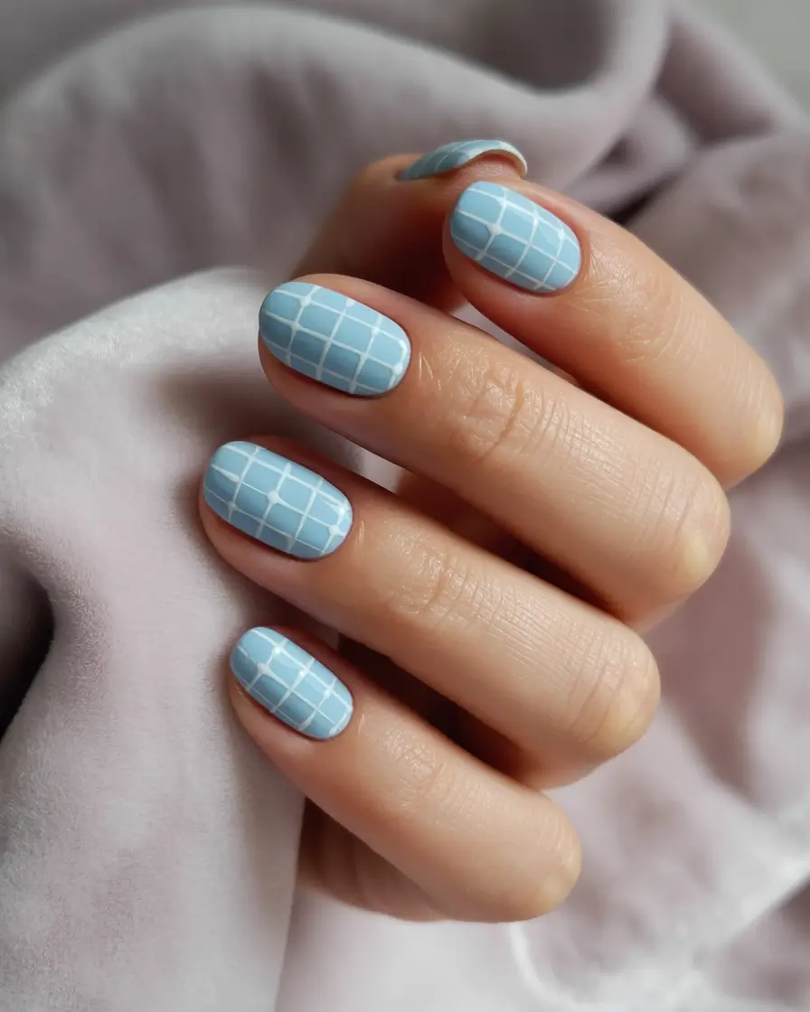 Fall 2025 Nail Color Ideas for Women Over 40 Powder Blue Grid