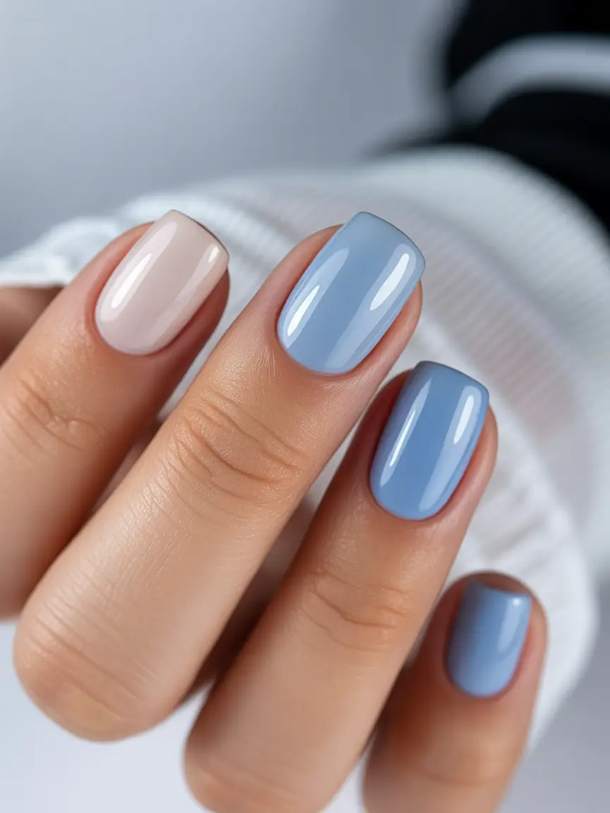 Fall 2025 Nail Color Ideas for Women Over 50 Sky Blue and Nude Balance