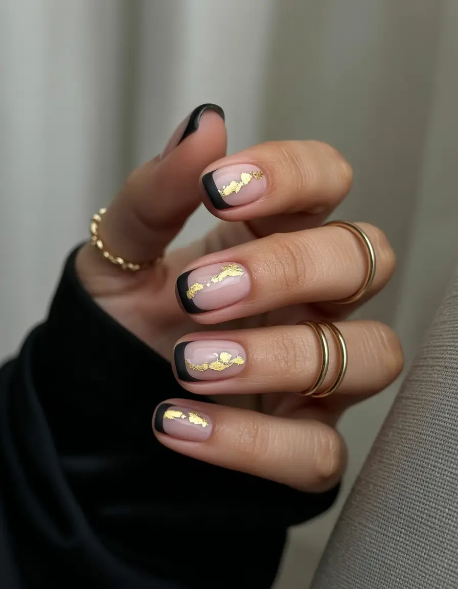 Fall 2025 Nail Color Ideas for Women Over 50 Black-Tipped Chic with Gold Accents