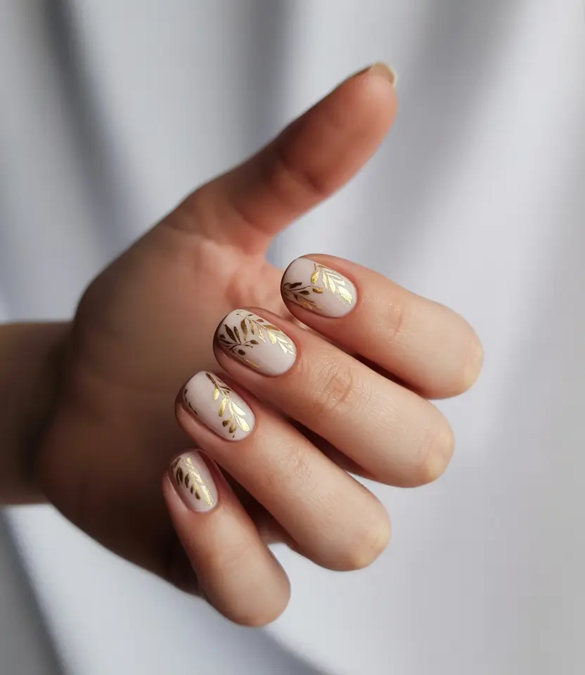 Fall 2025 Nail Color Ideas for Women Over 50 Golden Leaf Motif