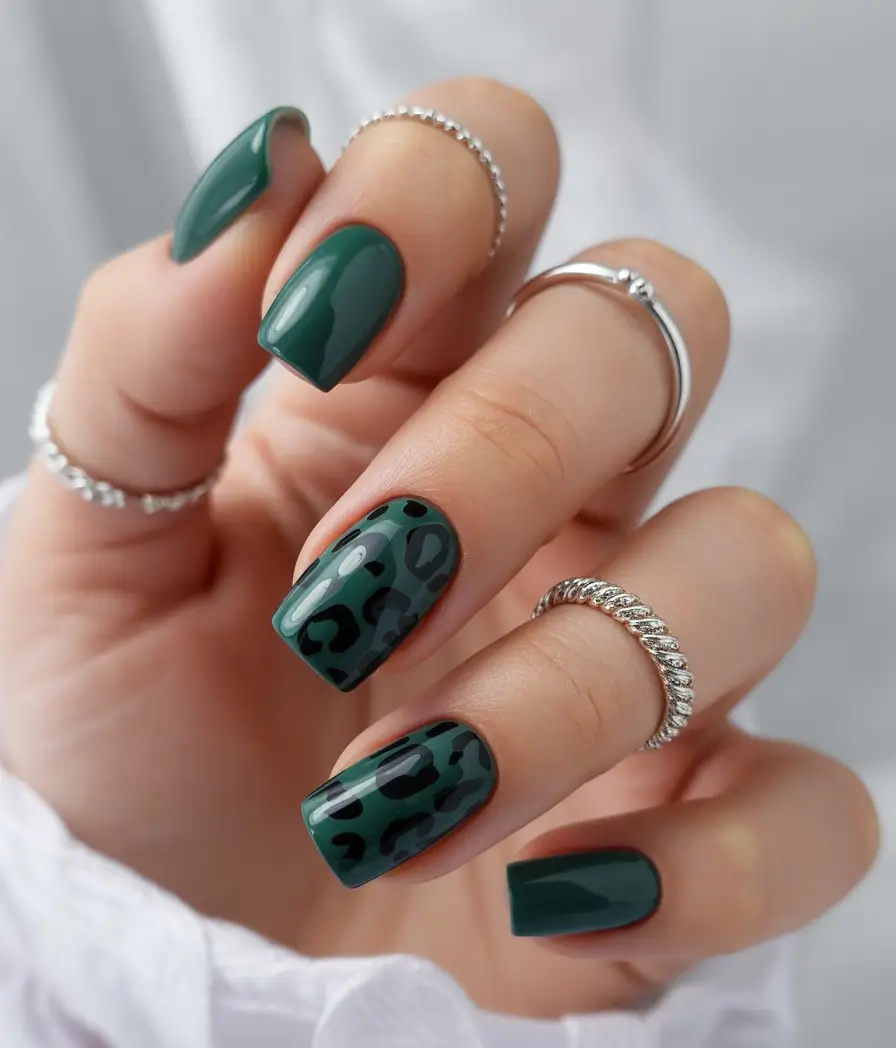 Fall 2025 Nail Color Ideas for Women Over 50 Dark Green with Leopard Twist