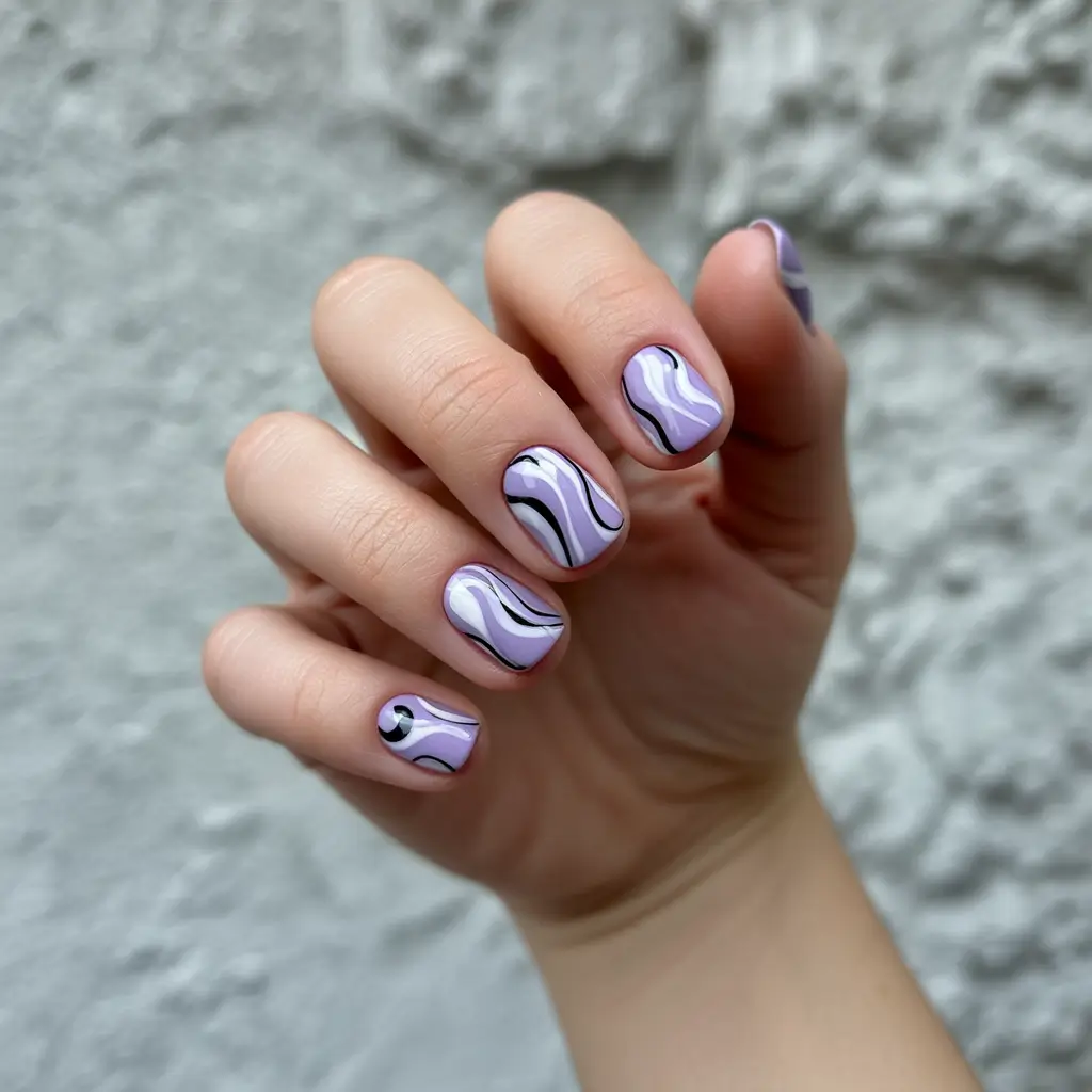 Fall 2025 Nail Color Ideas for Women Over 50 Playful Swirls in Lilac