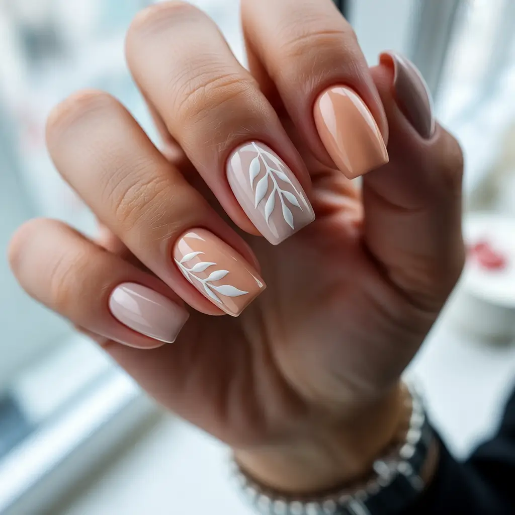 Fall 2025 Nail Color Ideas for Women Over 50 Peach Neutrals with Leaf Accents