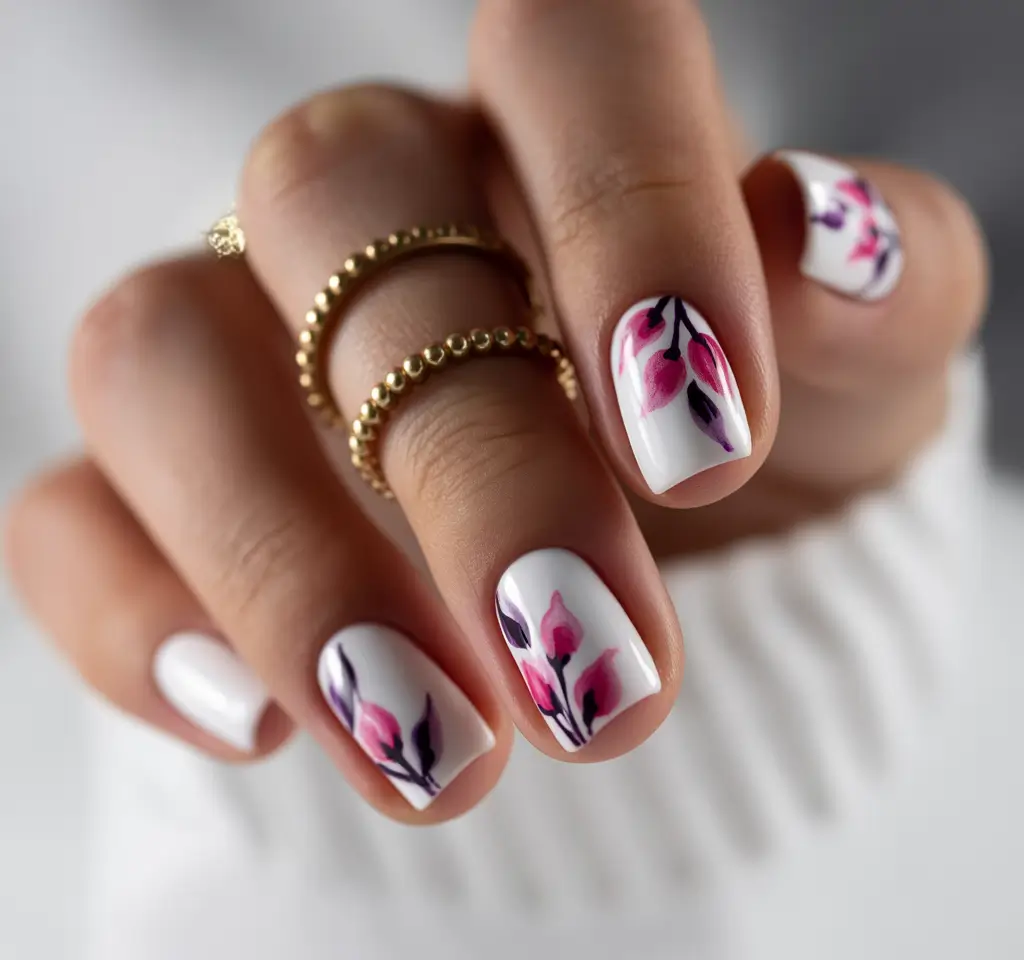 Fall 2025 Nail Color Ideas for Women Over 60 Delicate Florals on White