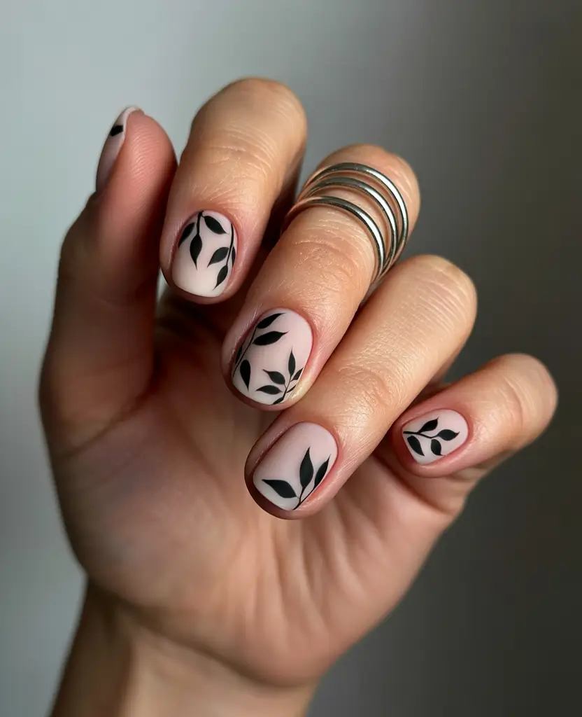 Fall 2025 Nail Color Ideas for Women Over 60 Matte Nude with Leaf Motifs