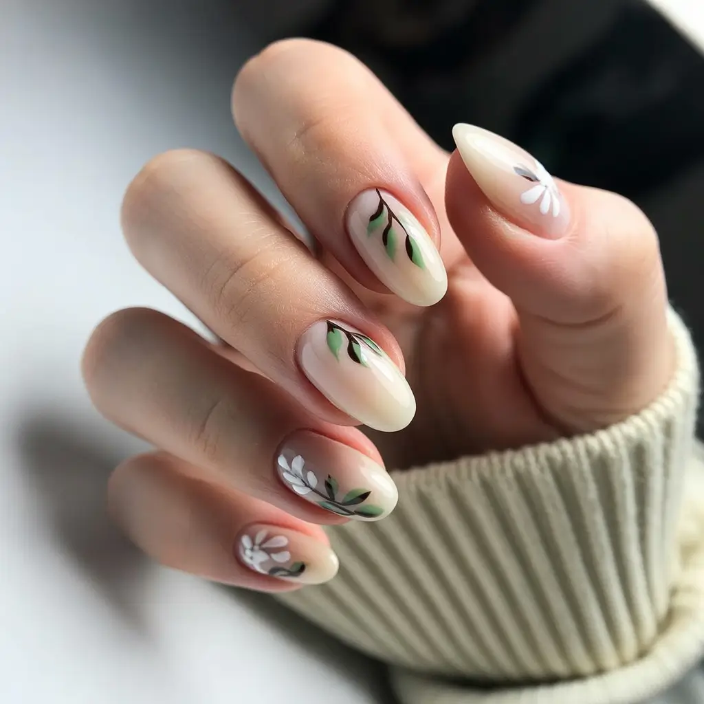 Fall 2025 Nail Color Ideas for Women Over 60 Botanical Almonds with White Blooms