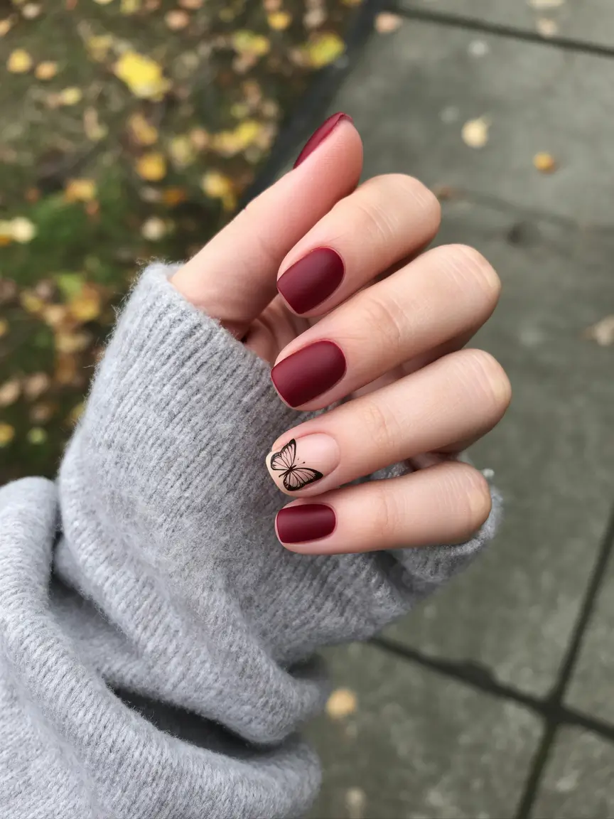Fall 2025 Nail Color Ideas for Women Over 60 Velvety Red with Butterfly Accent