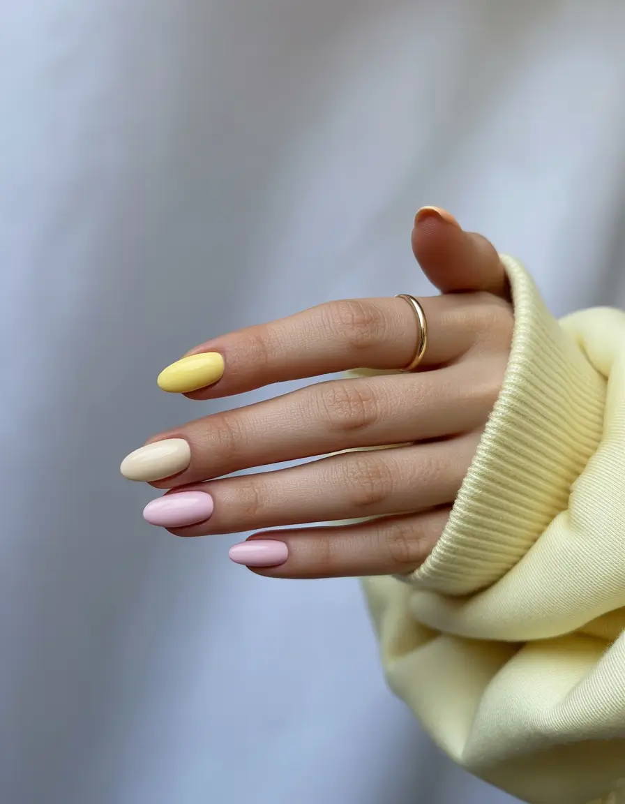 Fall-2025-Nail-Color-Ideas-for-Women-Over-60-Pastel-Mix-of-Yellow-Cream-and-Pink