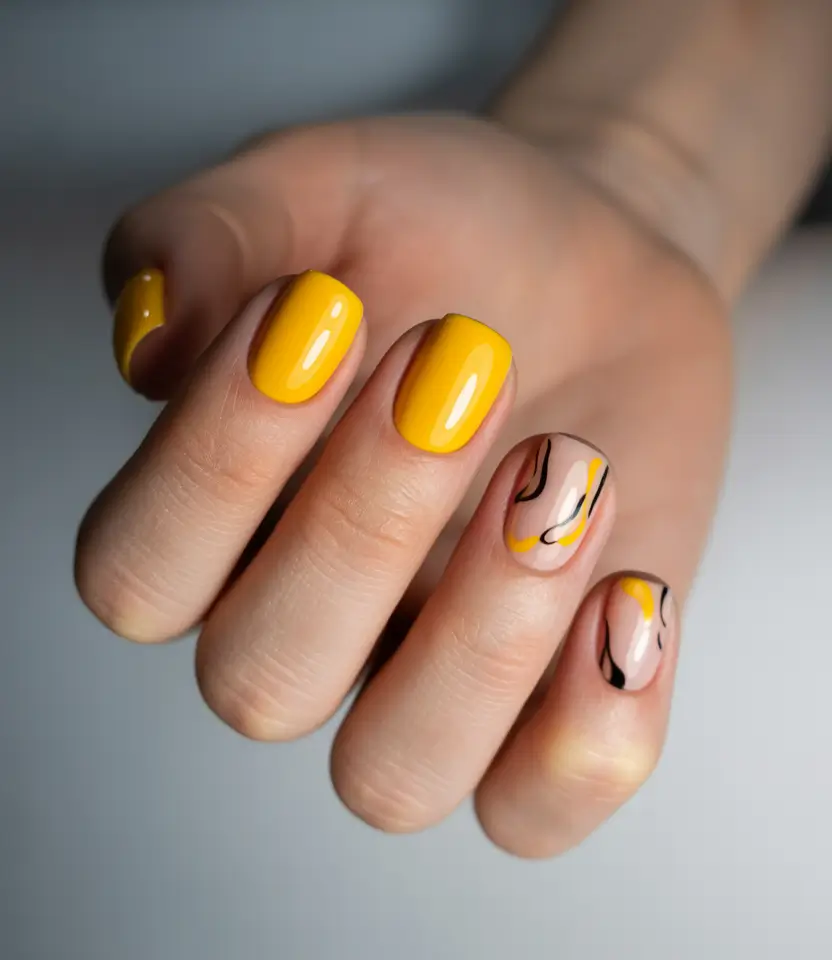 Fall-2025-Nail-Color-Ideas-for-Women-Over-60-Golden-Yellow-with-Artistic-Lines