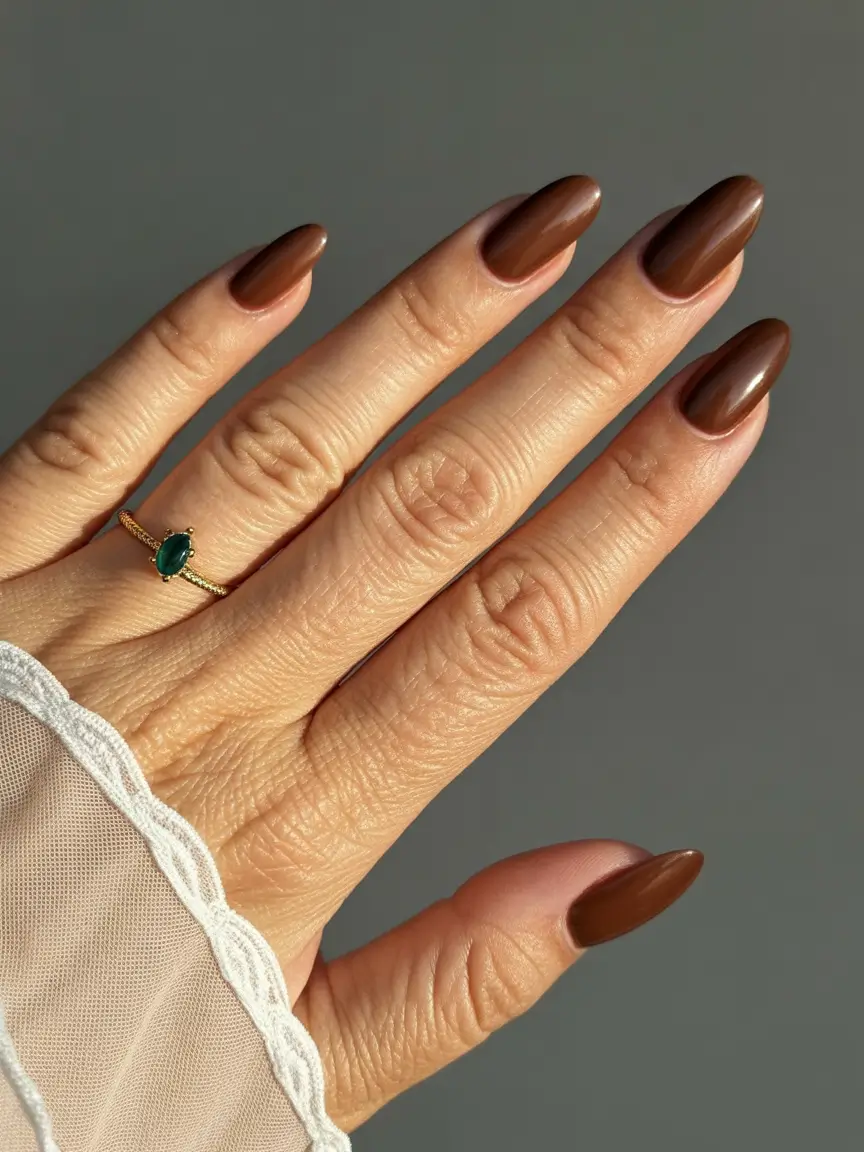 Fall 2025 Nail Color Ideas for Women Over 60 Warm Brown Almonds