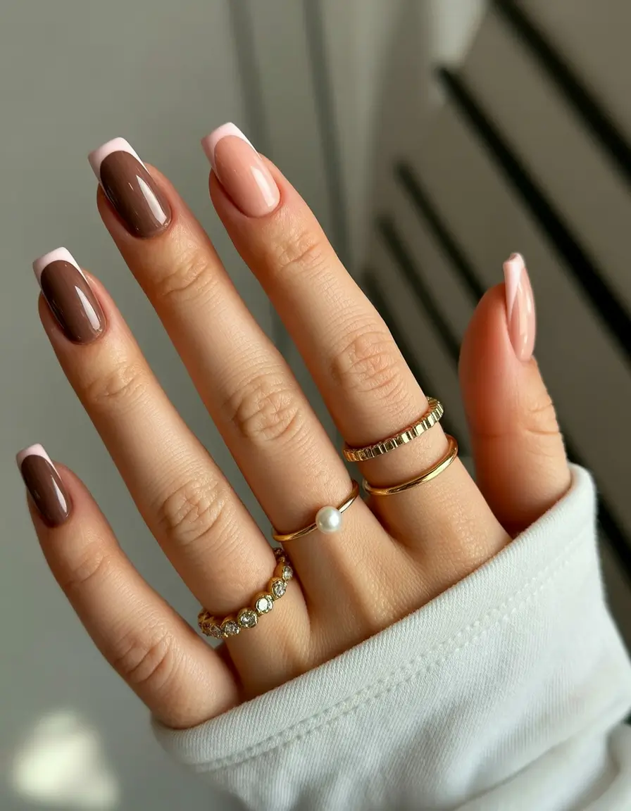 Fall 2025 Nail Color Ideas for Women Over 60 Modern French Twist in Mocha and Pink