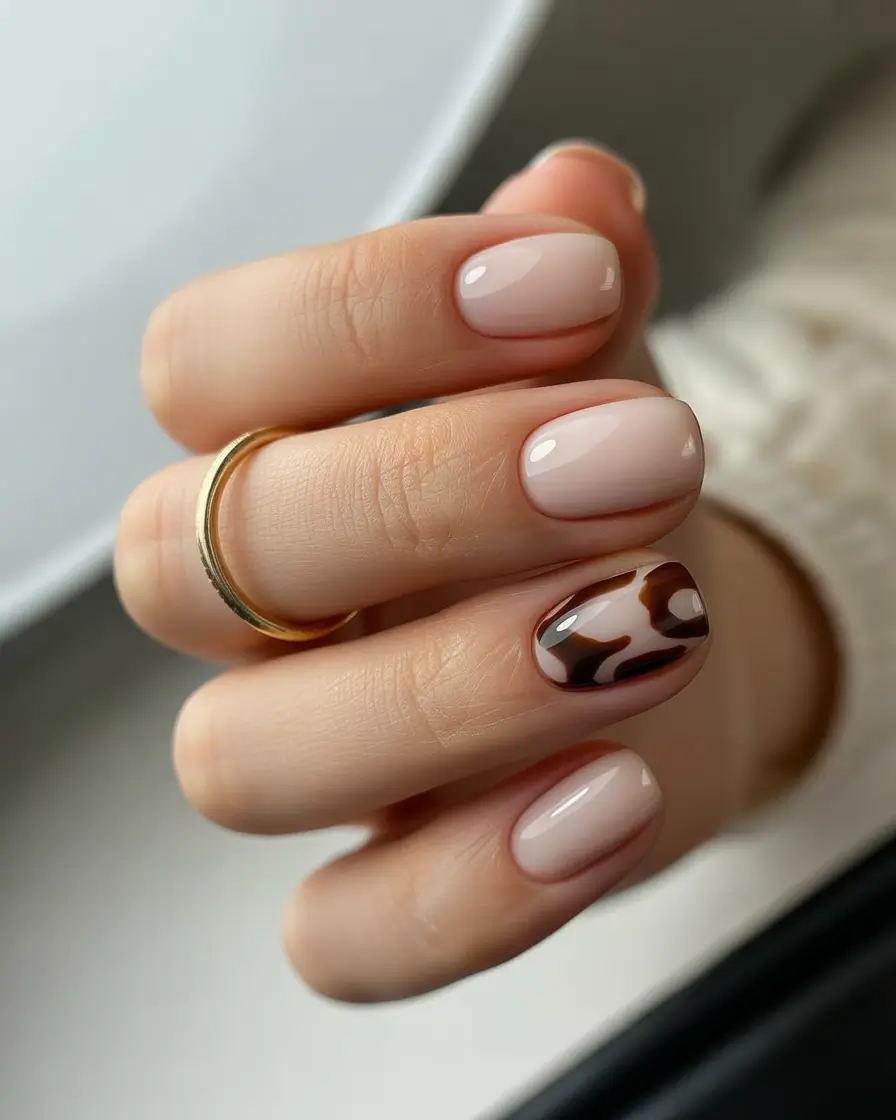 Fall 2025 Nail Color Ideas for Women Over 60 Neutral Nude with Tortoiseshell Accent