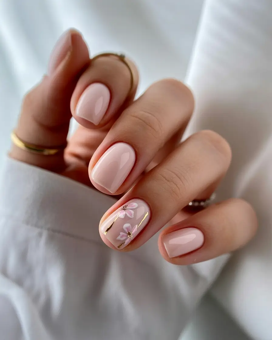 Fall 2025 Nail Color Ideas for Women Over 60 Soft Blush with Golden Florals