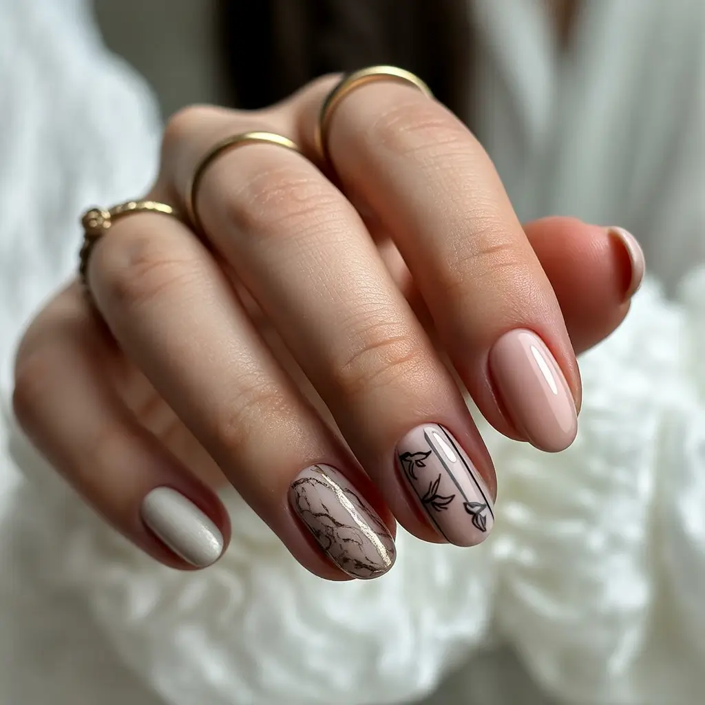 Fall 2025 Nail Color Ideas for Women Over 60 Mixed Neutrals with Fine Detailing