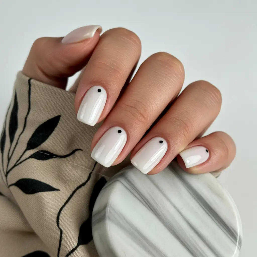 Fall 2025 Nail Color Ideas for Women Over 60 Minimalist White with Black Dot