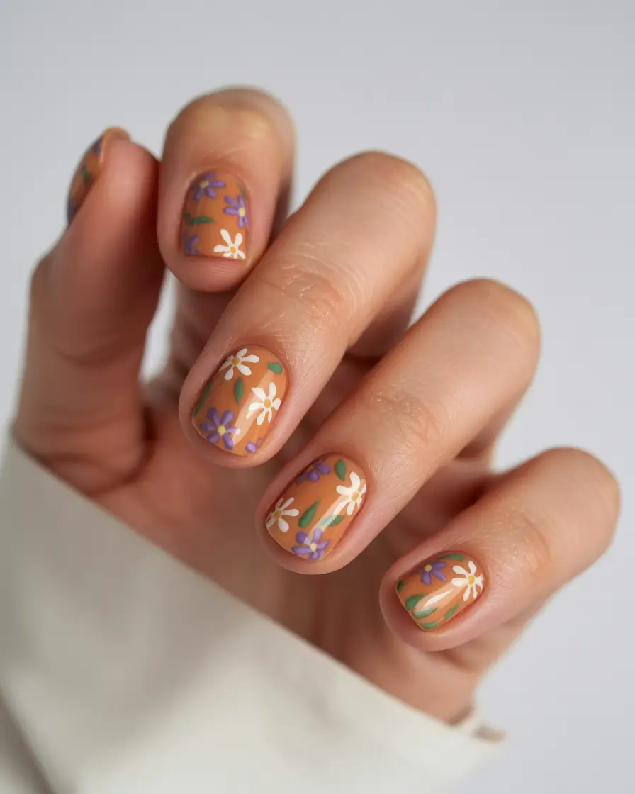 Fall 2025 nail trends Playful Florals on a Caramel Base