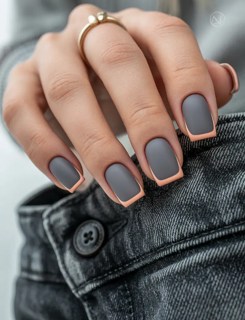 Fall 2025 nail trends Matte Gray Square with Nude Outline