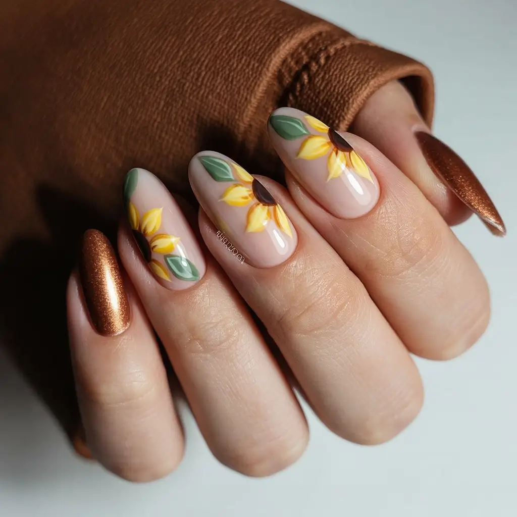 Fall 2025 nail trends Sunflower Accents with Metallic Bronze
