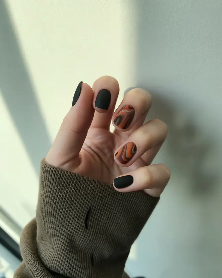 Fall 2025 nail trends Matte Black with Burnt Orange Swirls