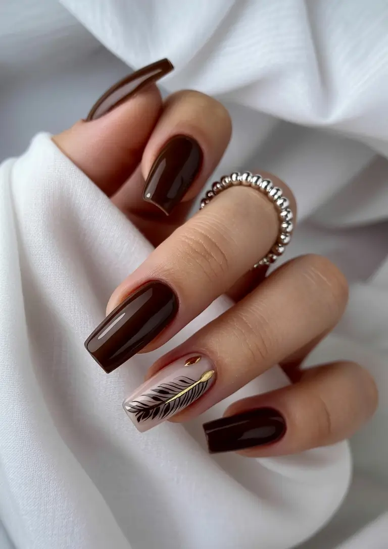 Fall-2025-nail-trends-Deep-Espresso-with-Golden-Feathers
