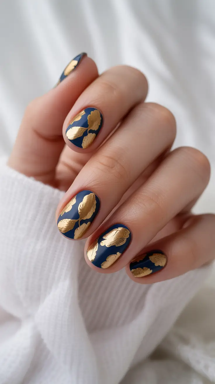 Fall-2025-nail-trends-Midnight-Navy-with-Golden-Petals