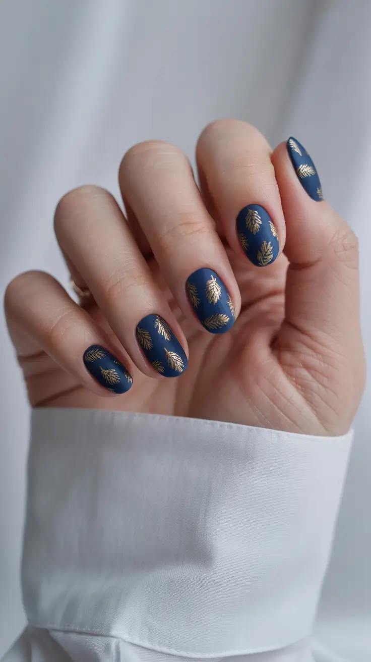 Fall 2025 nail trends Midnight Blue with Golden Leaves