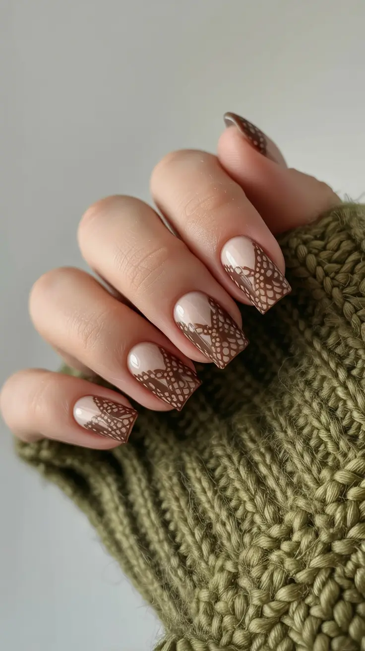 Fall 2025 nail trends Textured Brown French with Lace Detail