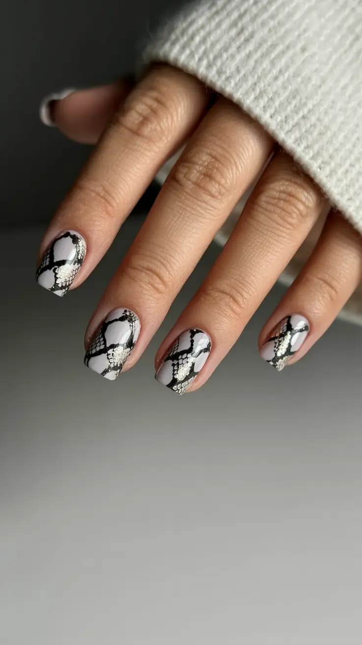 Fall 2025 nail trends Modern Black-and-White Lace