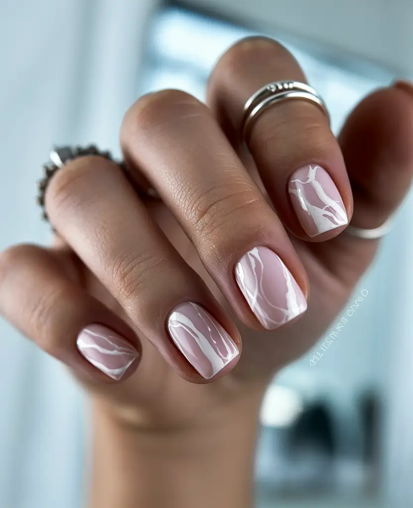 Fall 2025 nail trends Soft Marble Veins on a Blush Base