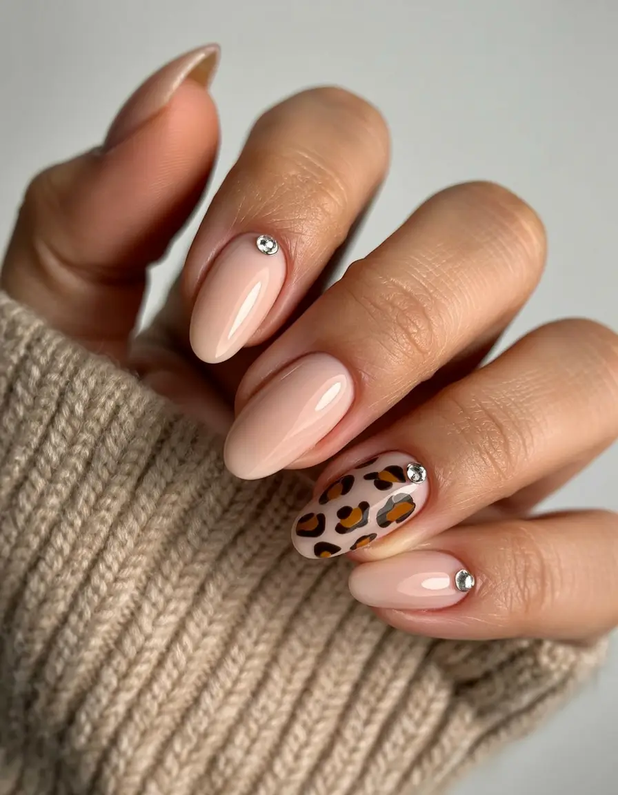 Fall 2025 nail trends Minimal Nude with Leopard Accent