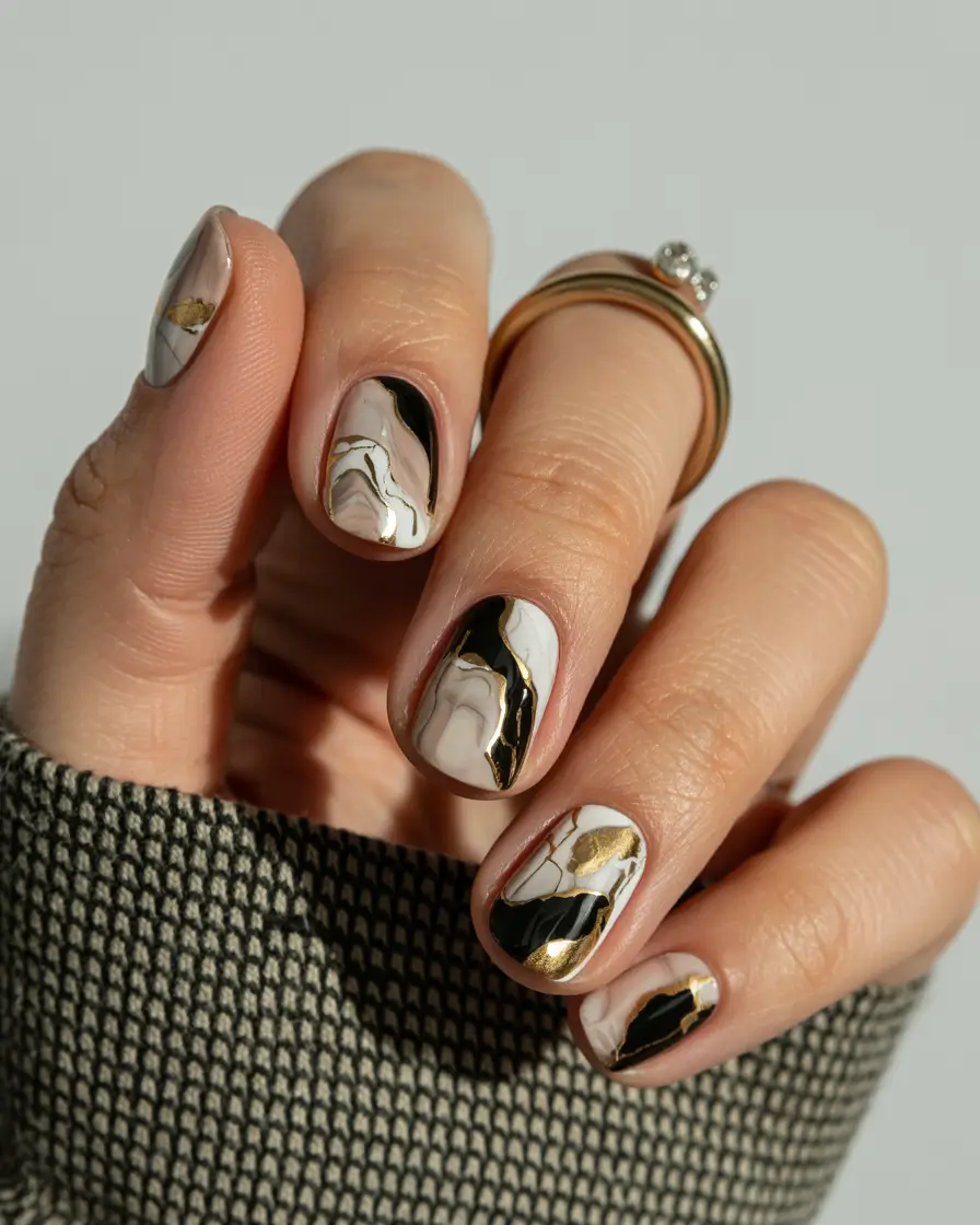 Fall 2025 nail trends Black and Gold Marble Statement