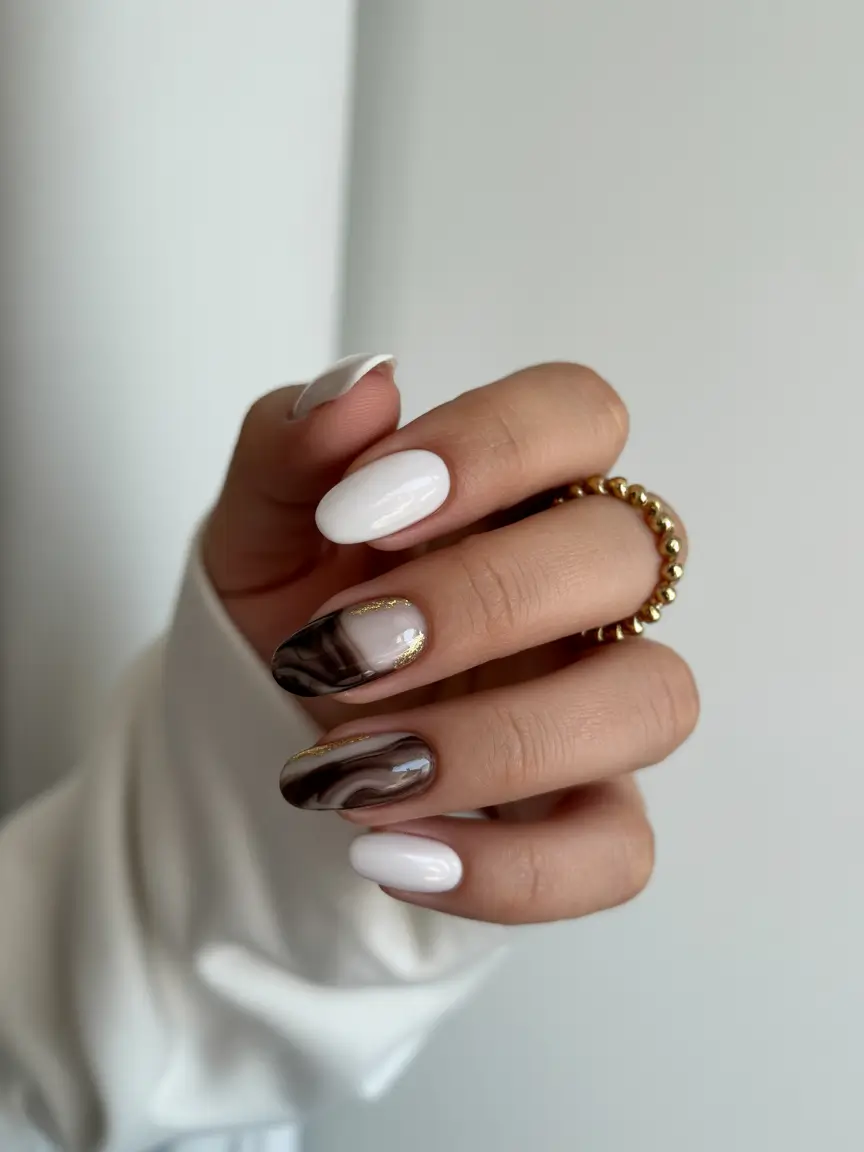 Fall 2025 nail trends White and Chocolate Swirl Contrast