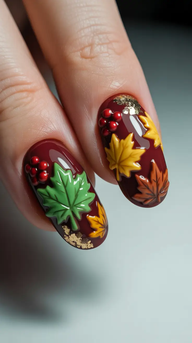 Fall-3D-Nail-Art-2025-Berry-Tones-and-Autumn-Leaves