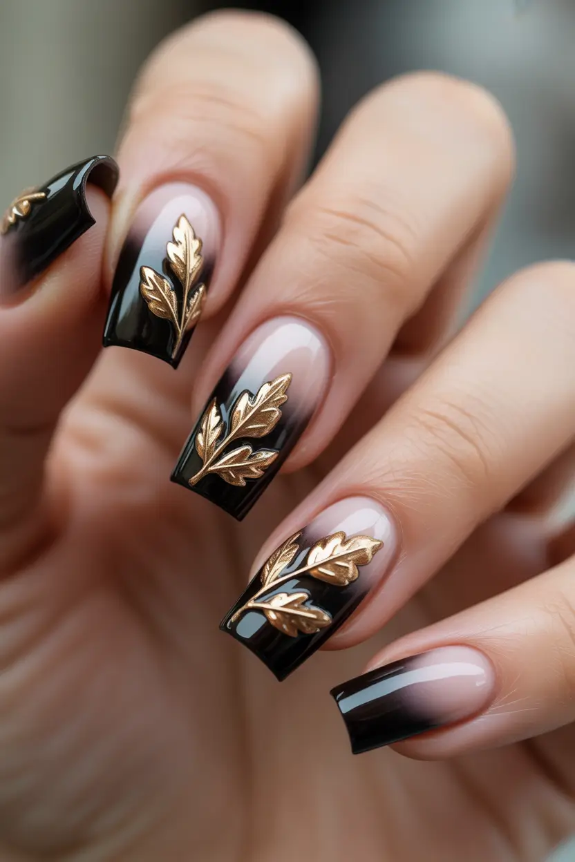 Fall-3D-Nail-Art-2025-Black-and-Gold-Elegance