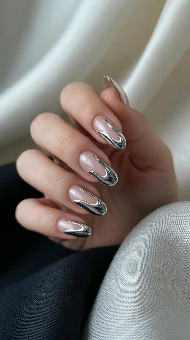 Fall 3D Nail Art 2025 Molten Chrome Waves