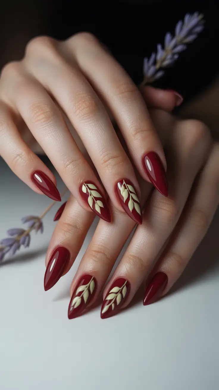 Fall 3D Nail Art 2025 Deep Crimson with Leaf Detailing