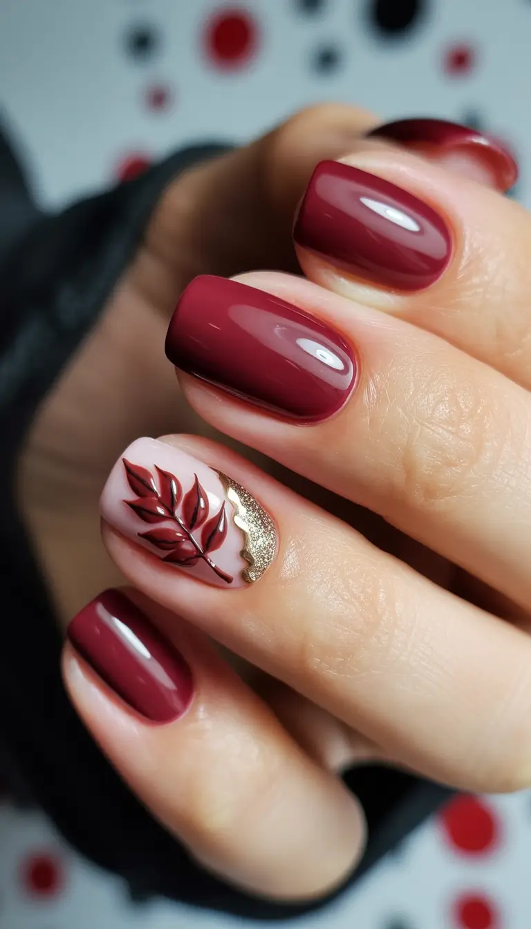 Fall-3D-Nail-Art-2025-Glossy-Red-With-Golden-Accents