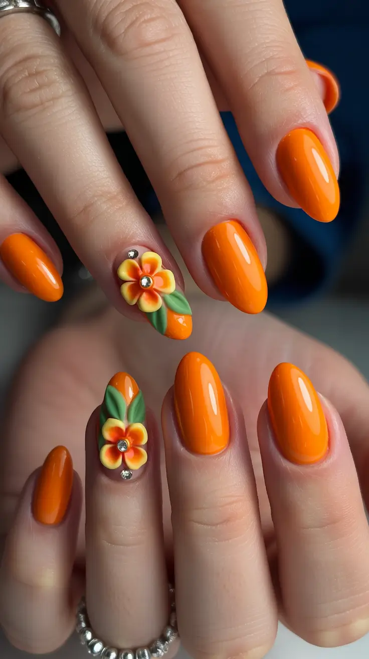 Fall 3D Nail Art 2025 Vibrant Citrus Blooms