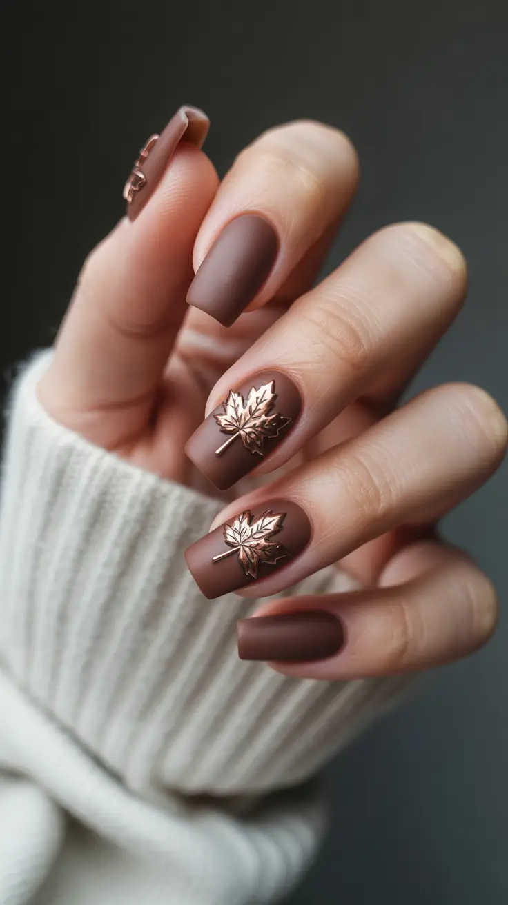 Fall 3D Nail Art 2025 Matte Chocolate with Golden Leaves
